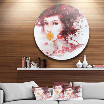 Illustrated Girl with Red Hair - Romantic Circle Metal Wall Decor